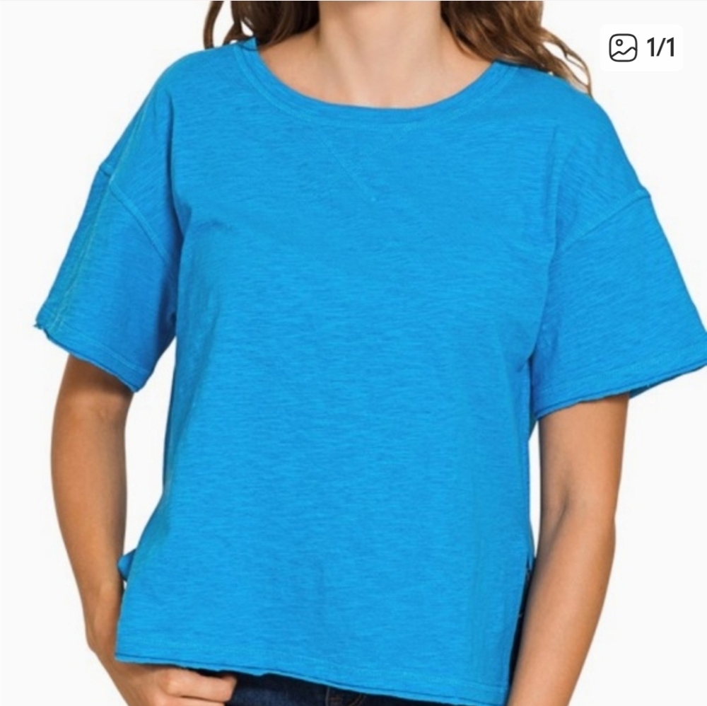 Zenana Cotton Slub Short Sleeve Tee- Deep Sky NWT